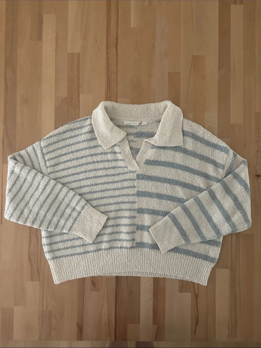 Altar'd State Cream & Light Blue Striped V-Notch Polo Sweater